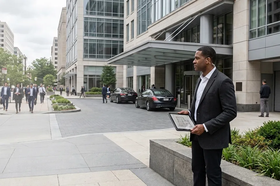A security professional in a suit stands in a plaza holding a tablet, looking out across a row of office towers.
