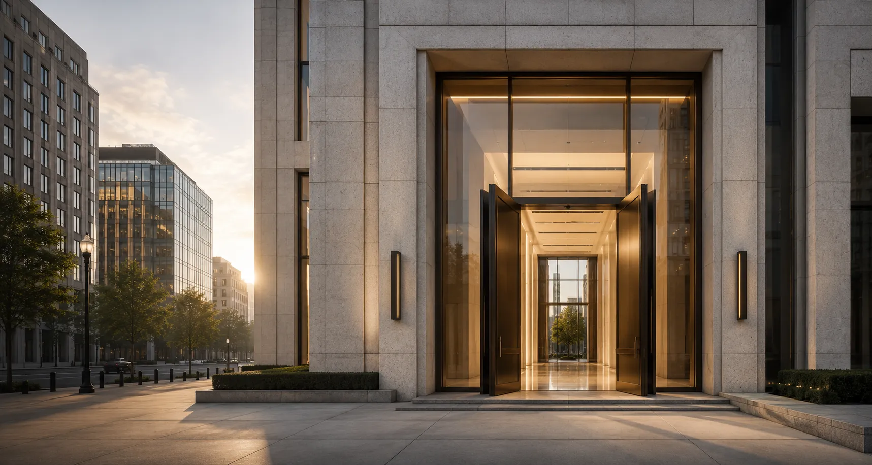 The illuminated entrance of a contemporary office building at dusk.