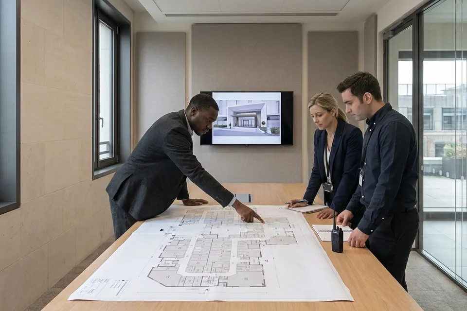 Three consultants review a large floor plan spread across a conference table, with a rendering of the building on a screen behind them.