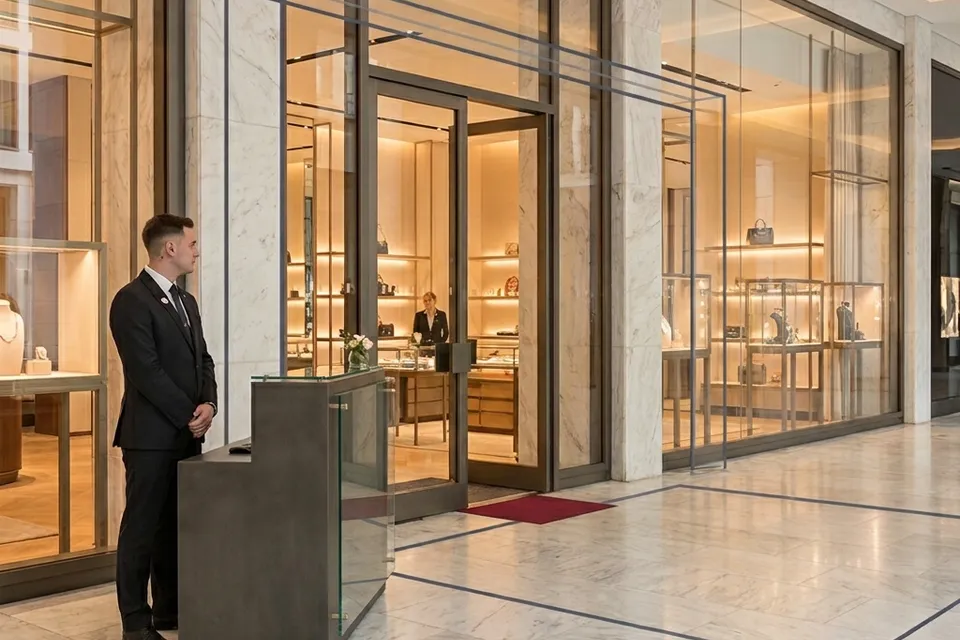 A discreetly dressed attendant stands beside a reception podium at the entrance to a luxury retail boutique.